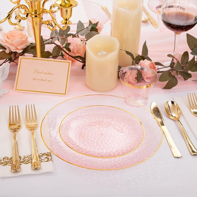 Rubtlamp 175 Pcs Pink Plastic Plates Dinnerware Set, Hammered Party Platos Set - Image 5