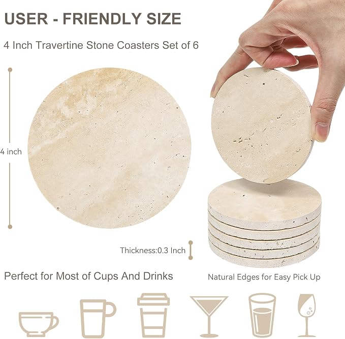 Italian Travertine Coasters Set of 6, Farmhouse Rustic Neutral Style Marble - Image 3