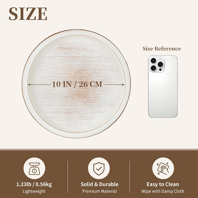 Hanobe Decorative Tray for Coffee Table: 11.8" Round Whitewashed Wood Tray for - Image 5
