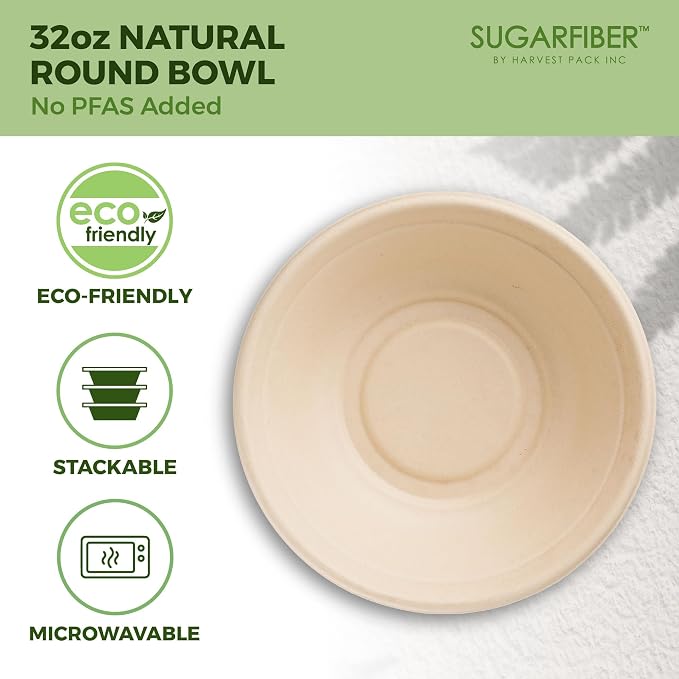 Harvest Pack PFAS FREE 32oz Paper Compostable Bowls Only, Round Heavy-Duty - Image 3
