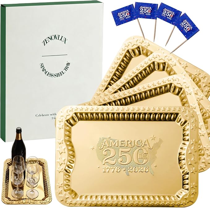 4 Pack 250th Anniversary USA Gold Serving Trays by Zenovlux