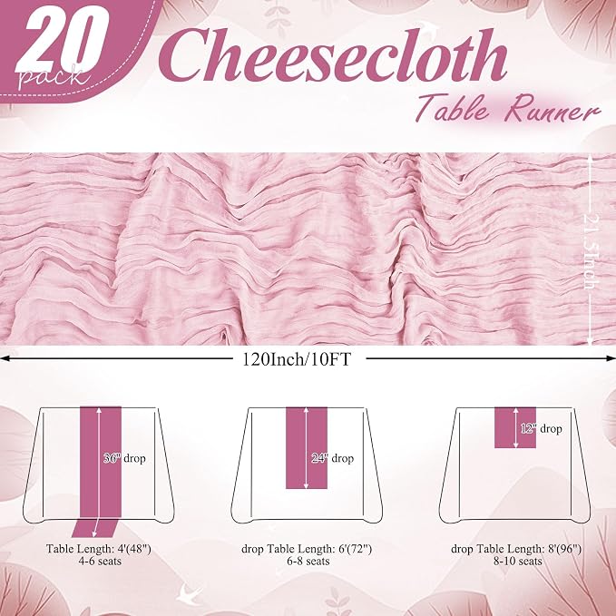 20 Pack Light Pink Cheesecloth Table Runner 10FT Long Boho Gauze Fabric Table - Image 2
