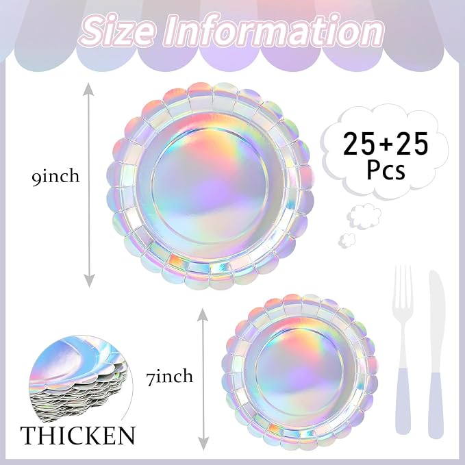 50 Pcs Iridescent Scalloped Paper Plates 25 × 7'' and 25 × 9'' Disposable - Image 3