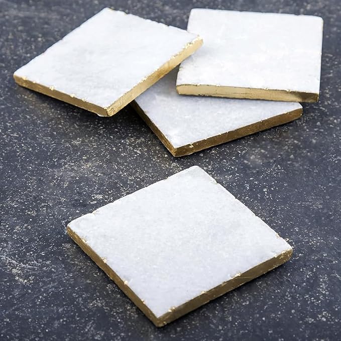Thirstystone Square White Marble/Gold Edged Coasters, Non-Slip Feet - Image 2