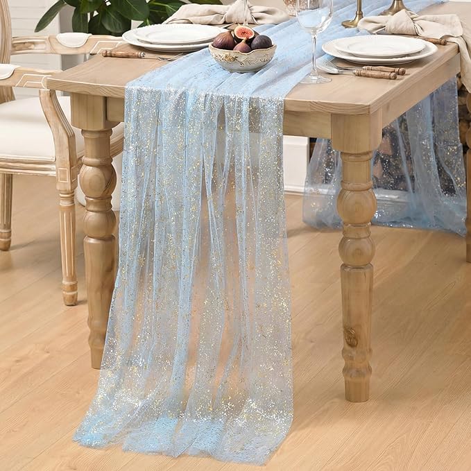 Artoid Mode Gold Gauze Light Blue Table Runner 120 Inch 10FT, Glitter Metallic - Image 5