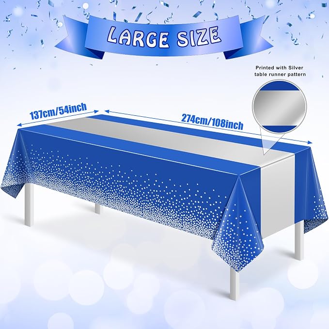 3Pcs Blue and Silver Tablecloth Party Decorations, Plastic Royal Blue Table - Image 2