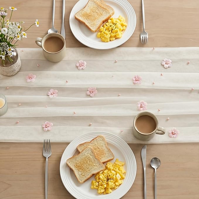 Artoid Mode Pink Flower Pearl White Gauze Table Runner 10FT 3PC, Seasonal Sheer - Image 4