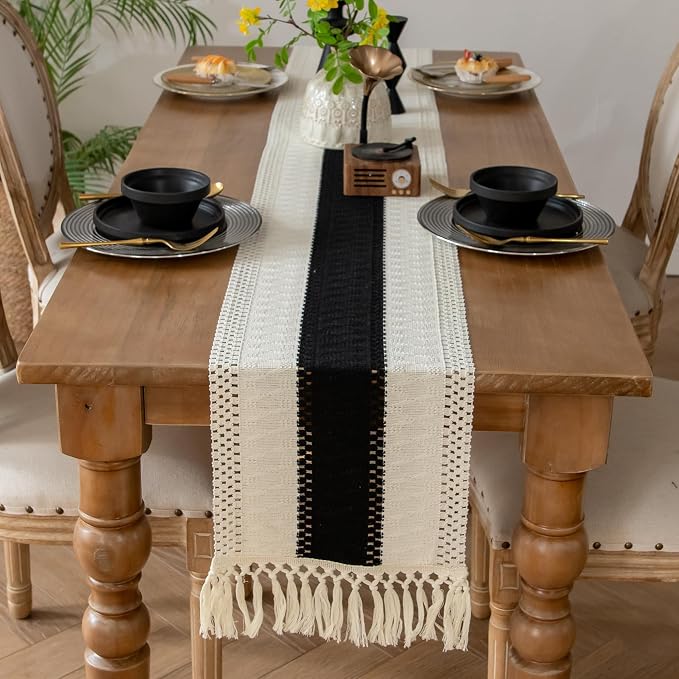EMMTEEY Boho Table Runner with Tassels 108 Inches Long, Scratch & Heat Resistant by EMMTEEY