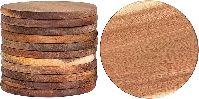 12 Pack Acacia Wood Drink Coasters, 3.74 Inch Round Wooden Cup Coasters by Cregugua
