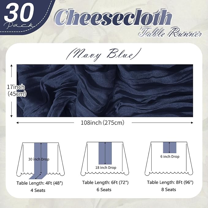 30 Pack Navy Blue Cheesecloth Table Runner 17 x 108 inch Cheese Cloth Table - Image 2