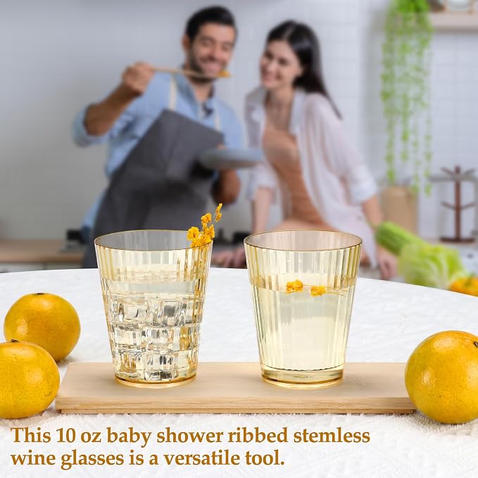 12 PCS Plastic Ribbed Drinking Glasses 10oz Gold Vintage Ripple Stemless Wine - Image 5