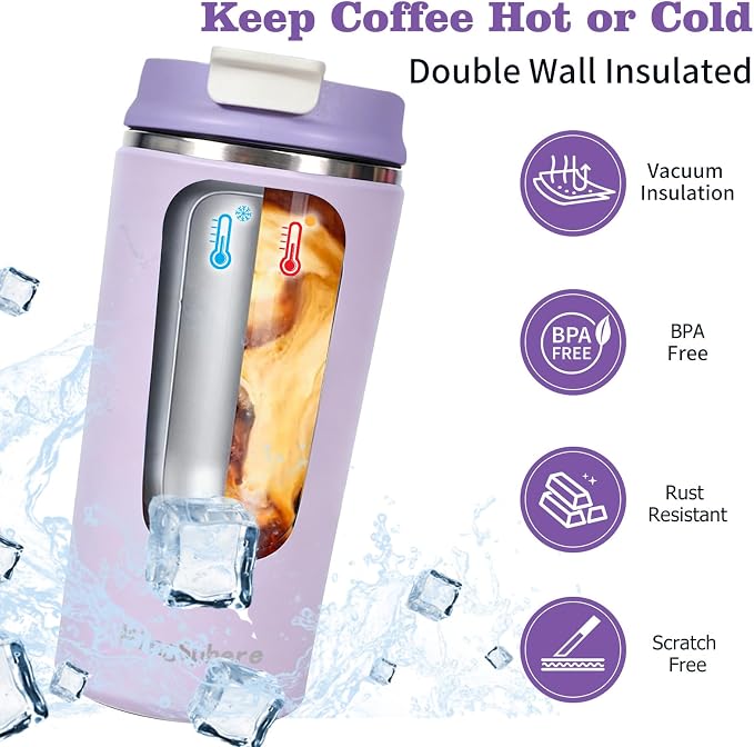 16oz Insulated Stainless Steel Coffee Cup, Lavender Purple | Travel Coffee Mug - Image 4