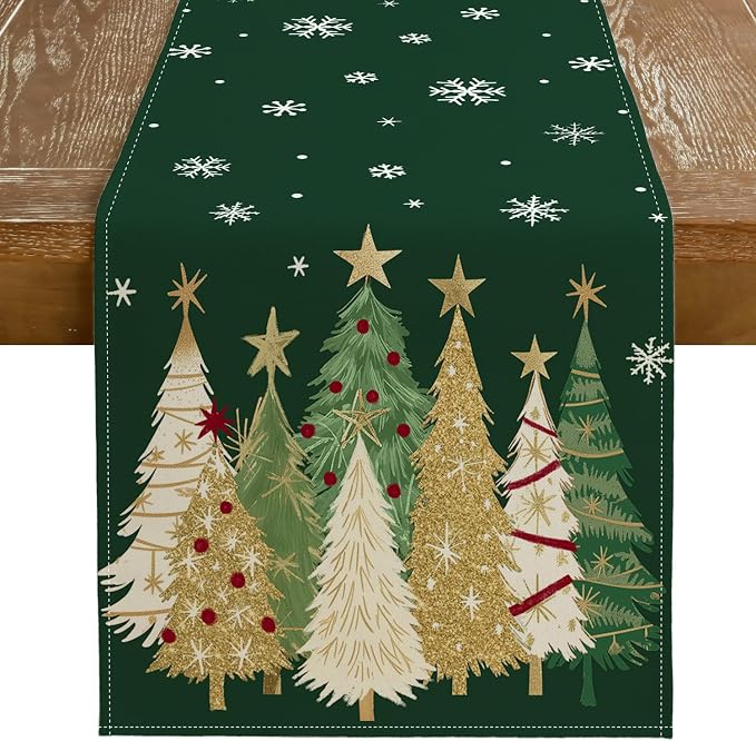 Christmas Table Runner 13x120 Inch, Xmas Trees Snowflakes Holiday Decorative by GEEORY