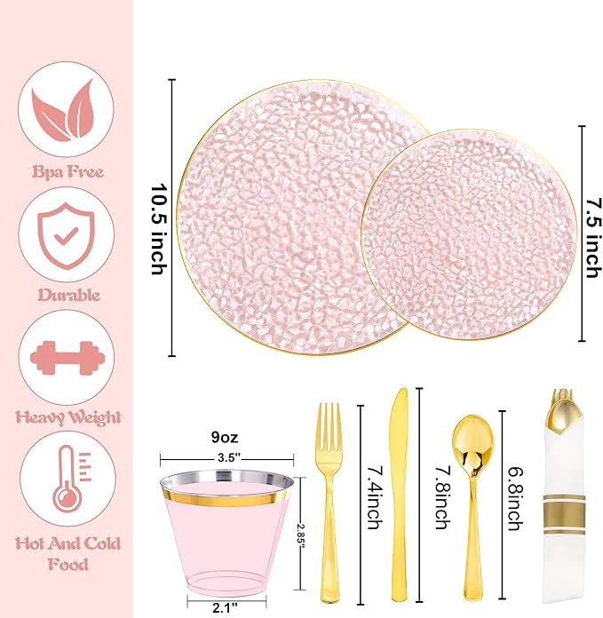 Rubtlamp 700Pcs Pink Gold Plastic Plates, Fancy Hammer Party Plate, 100Salad - Image 2
