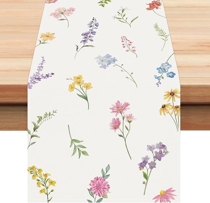 Bonhause Spring Floral Leaves Table Runner 13x90 Inch Colorful Wildflowers by Bonhause