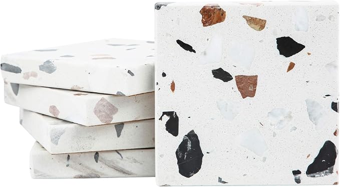 Natural Stone Coasters Terrazzo Square Set of 5 Heavy Thick Holder by ACKEIVTO