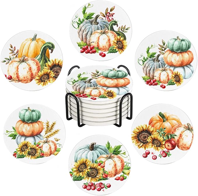 Drink Coasters for Drinks Set of 6, Autumn Pumpkins Sunflower and Berries by Ansouyi