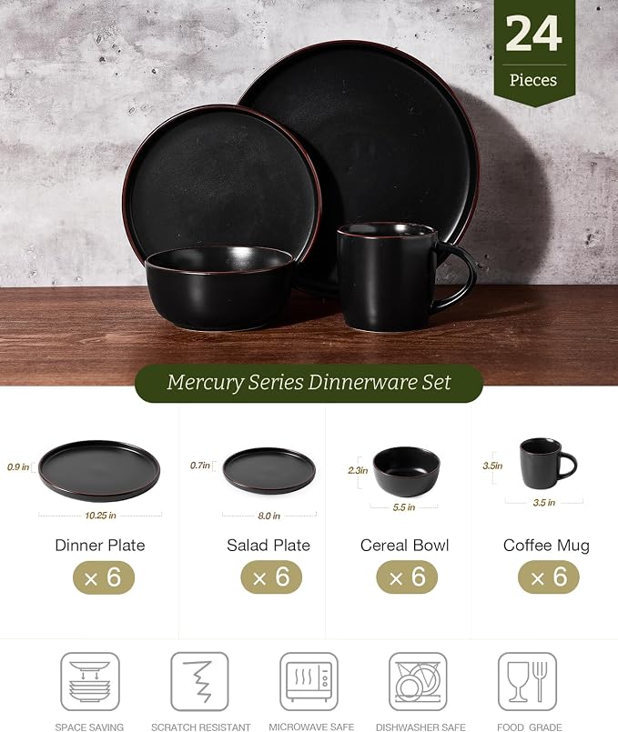 Famiware Mercury 24-Piece Stoneware Plates and Bowls, Matte Black | Dinnerware - Image 2