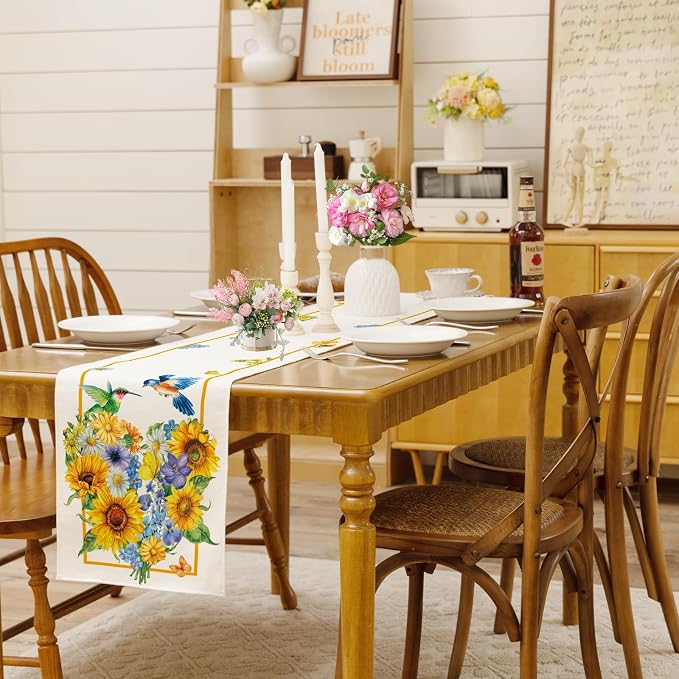Summer Sunflowers Daisies Table Runner Birds Burlap Table Runners, Spring - Image 2