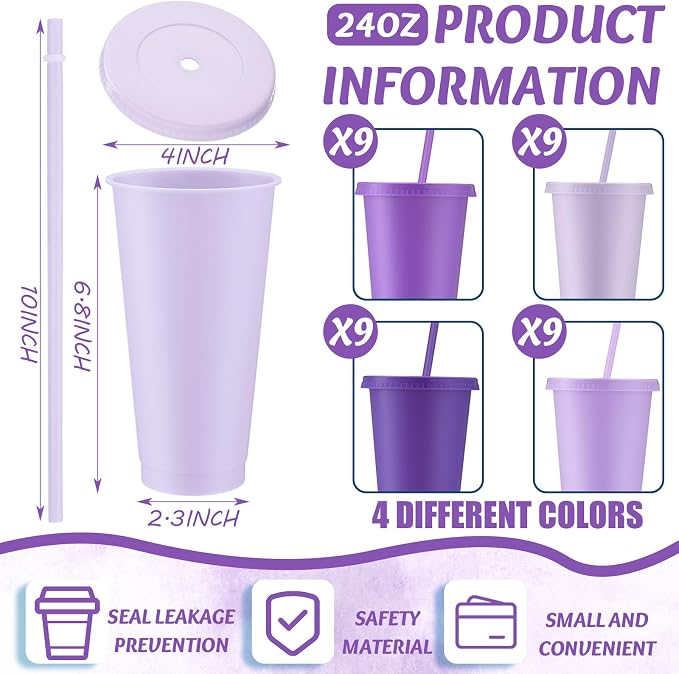 Skylety Plastic Cups with Lids and Straws 24 oz Reusable Tumbler Large Travel - Image 2