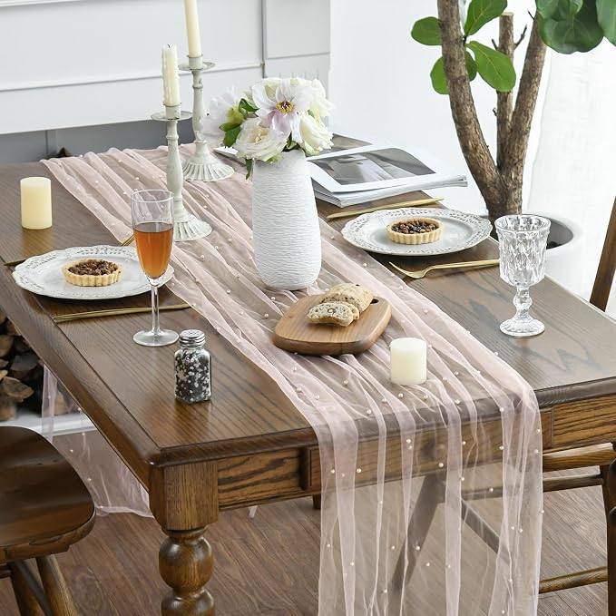 Artoid Mode Pearl Pink Gauze Table Runner 59x120 Inch, Seasonal Sheer Kitchen - Image 3