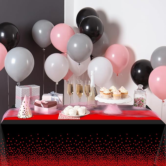 MASHAN 12Pcs Black and Red Tablecloth Party Decorations, Plastic Black Table - Image 6