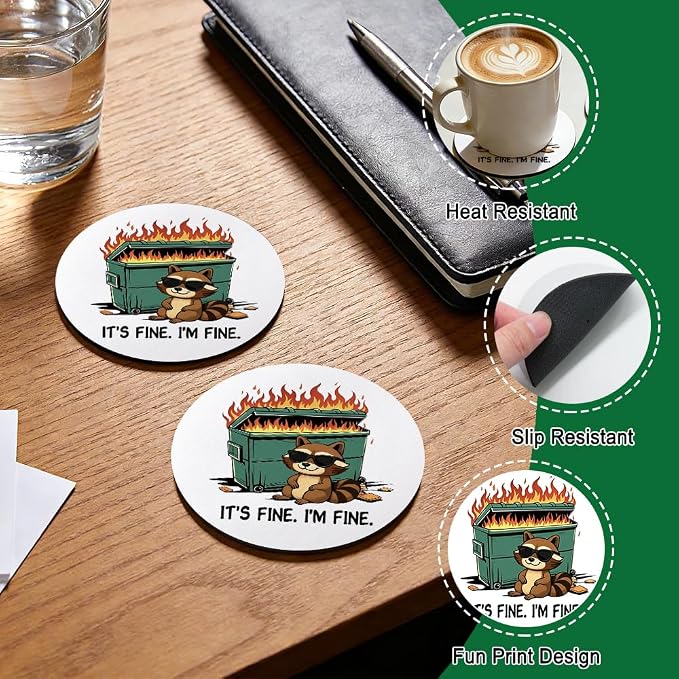 It's Fine I'm Fine Drink Cup Holder Coaster Set of 2, Funny Raccoon Coffee Cup - Image 3