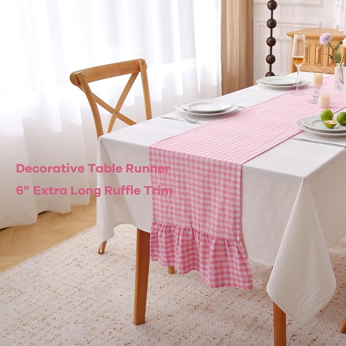 Pink White Plaid Gingham Ruffle Table Runner 72 inches Long 100% Washed Cotton - Image 3