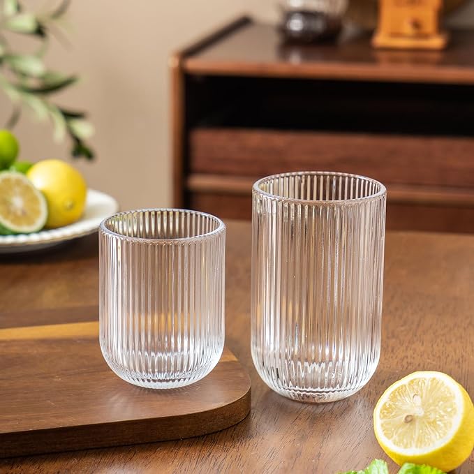 Ribbed Drinking Glasses 8pcs, Rocks Drinking Glasses 12oz and 10oz, Tumbler - Image 2