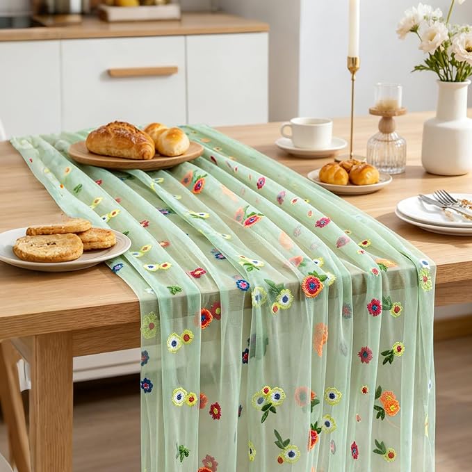 BINBE 1pcs Daisy Spring Table Runner Embroidery Gauze 10FT Florals Seasonal - Image 5