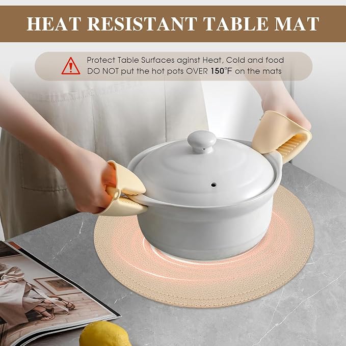 Set of 4 Faux Leather Gold Round Placemats and Coasters, Coffee Mats Kitchen - Image 3