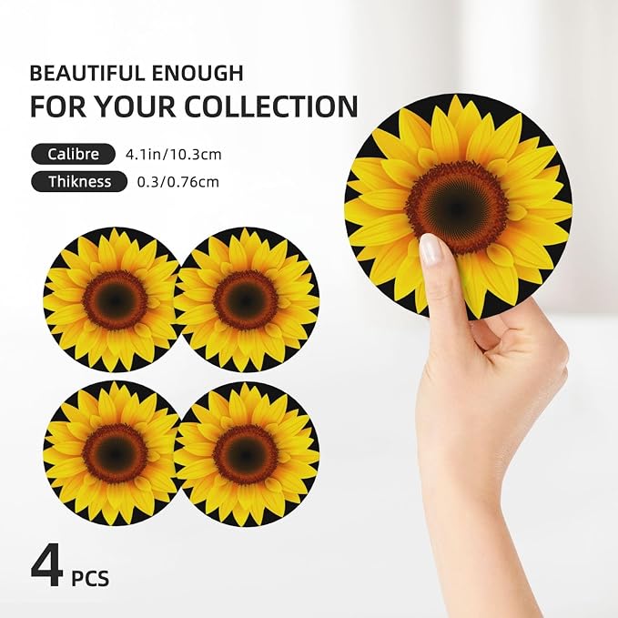 Sunflower Coasters Set of 4, Absorbent Ceramic Drink Coasters Cup Mat - Image 3