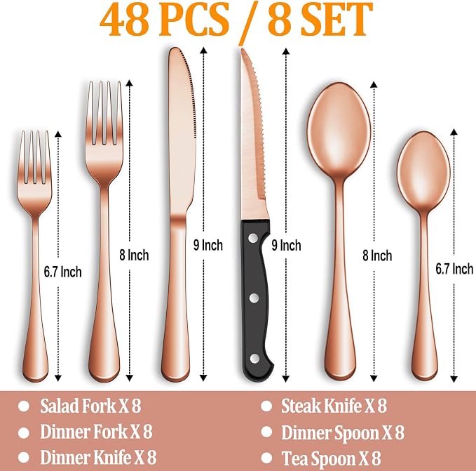 48 Pcs Rose Gold Silverware Set - Image 2