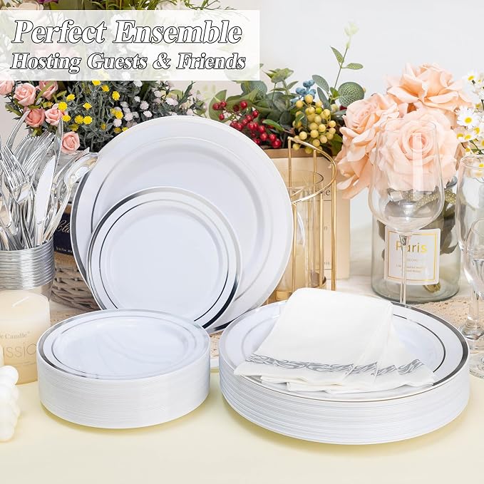 BESTSTAR 100 Piece White Plastic Plates Premium Disposable Plates | 50 Dinner - Image 3