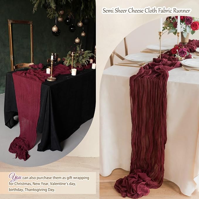 12 Pcs Burgundy Christmas Cheesecloth Table Runner 10Ft, Gauze Table Runners - Image 4