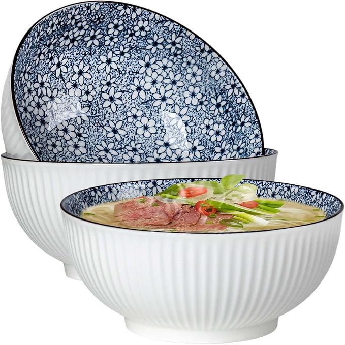 QINLANG Large Soup Bowls, Pho & Ramen Set of 3, 60 oz Blue & White Porcelain by QINLANG
