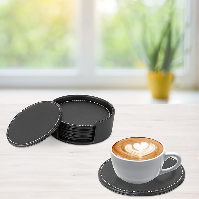Set of 6 Round Leather Bar Coasters - Image 4
