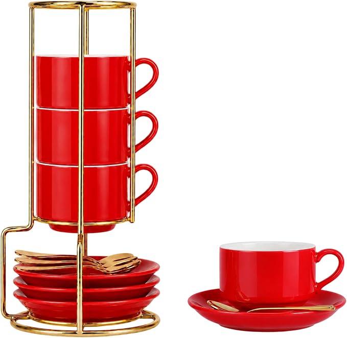 8 Ounce Cappuccino Cups Set of 4, Includes Display Stand, Cups Saucers by Renewrevital