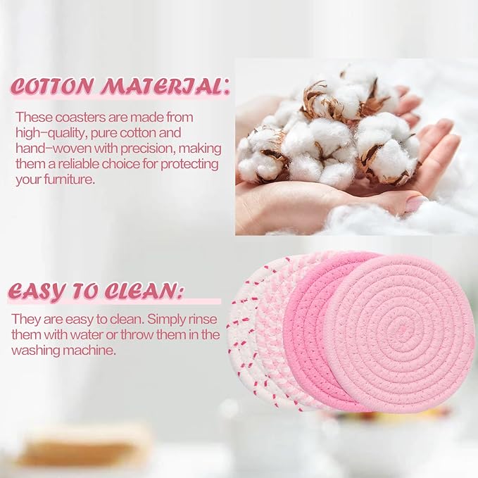 4.8 Inch Drink Coasters Set of 4, Large Fabric Cotton Coasters, Cute Girly - Image 3