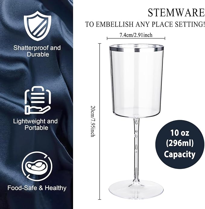Ciaell 12 Pack Silver Plastic Wine Glasses - Image 2