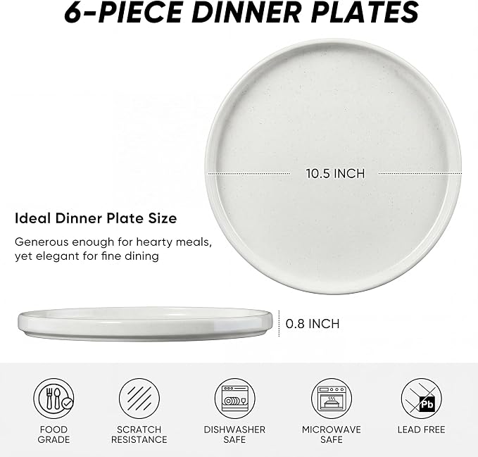 E-far White Dinner Plates Set of 6, 10.5 Inch Stoneware Dinner Plate | - Image 2