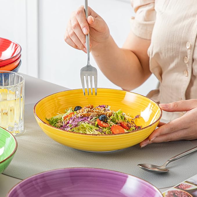 vancasso Bonita Pasta Bowls Set of 6, 38 oz Shallow Ceramic Bowls - Image 6