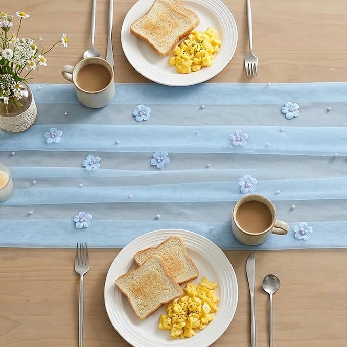Artoid Mode Blue Flower Pearl Blue Gauze Table Runner 10FT 3PC, Seasonal Sheer - Image 4