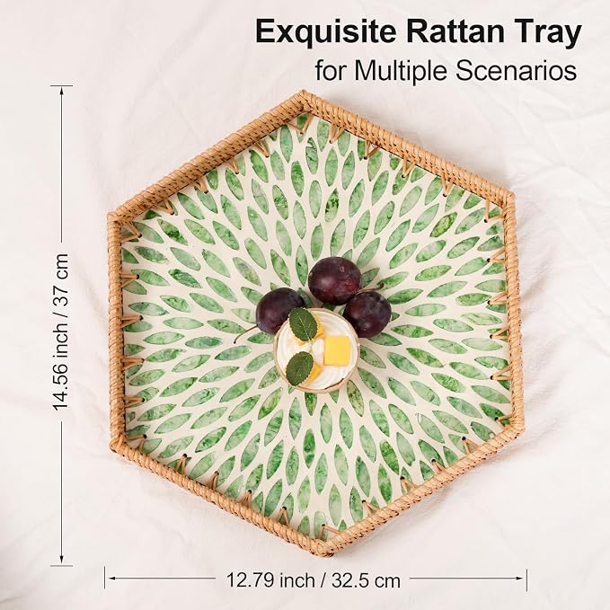 Hexagon Rattan Tray with Mother of Pearl Inlay, Rattan Serving Tray - Image 9