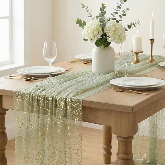 Artoid Mode Sage Green Gold Gauze Table Runner 59x120 Inch 10FT, Glitter - Image 3