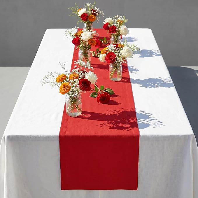 Solino Home 100% Pure Linen Table Runner Red, Fete 14 x 156 Inch Longch | Table - Image 2
