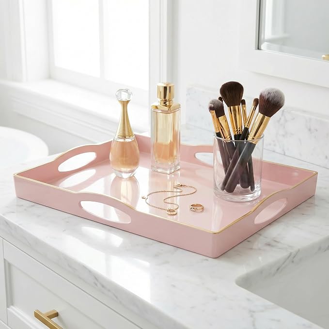Pink Serving Tray with 4 Handles, Plastic Decorative Tray - Image 5