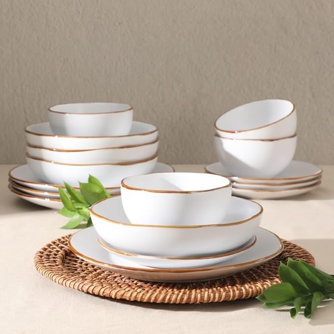 Gibson Home Hazeltine 16-Piece White Stoneware Dinnerware Set – Plates and Bowls - Image 3