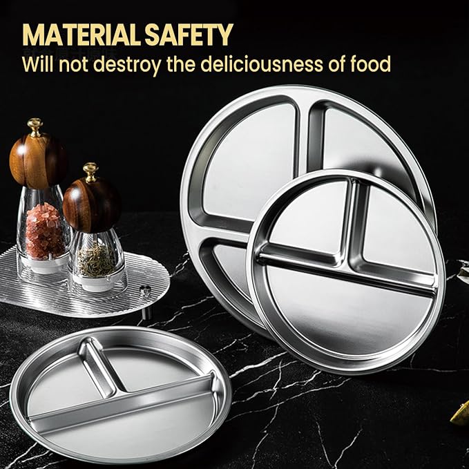BEWBBAT 4 Pack 304 Stainless Steel Divided Plate, 8 Inch 3 Section Round - Image 7