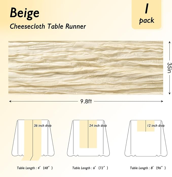 1 Pack Ivory Cream Cheesecloth Table Runner 120 Inch Boho Wedding Decor | - Image 2